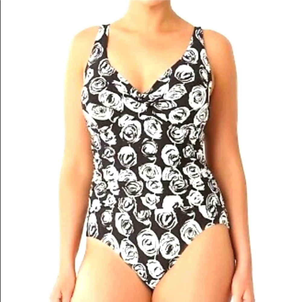 Anne Cole Black & White Rose One Piece Swimsuit Size 24W EUC
